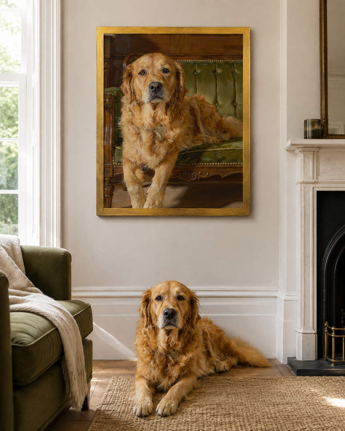 A framed custom pet portrait of a golden retriever hanging on a wall in a beautifully styled living room, with the real golden retriever lying on a rug on the floor below.